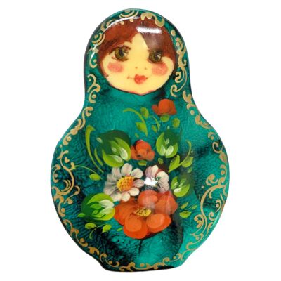 Деревянная Брошь Матрешка Зеленая
