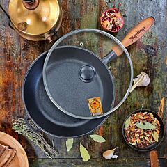 Классическая чугунная сковорода-жаровня с деревянной ручкой и стеклянной крышкой
