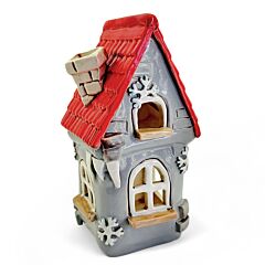Глиняный домик-подсвечник серый с красной крышей | Ручная работа