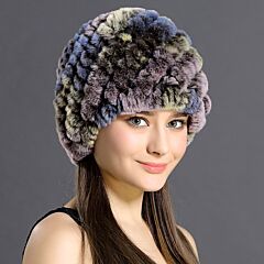 Разноцветная кроличья вязаная шапка на подкладке